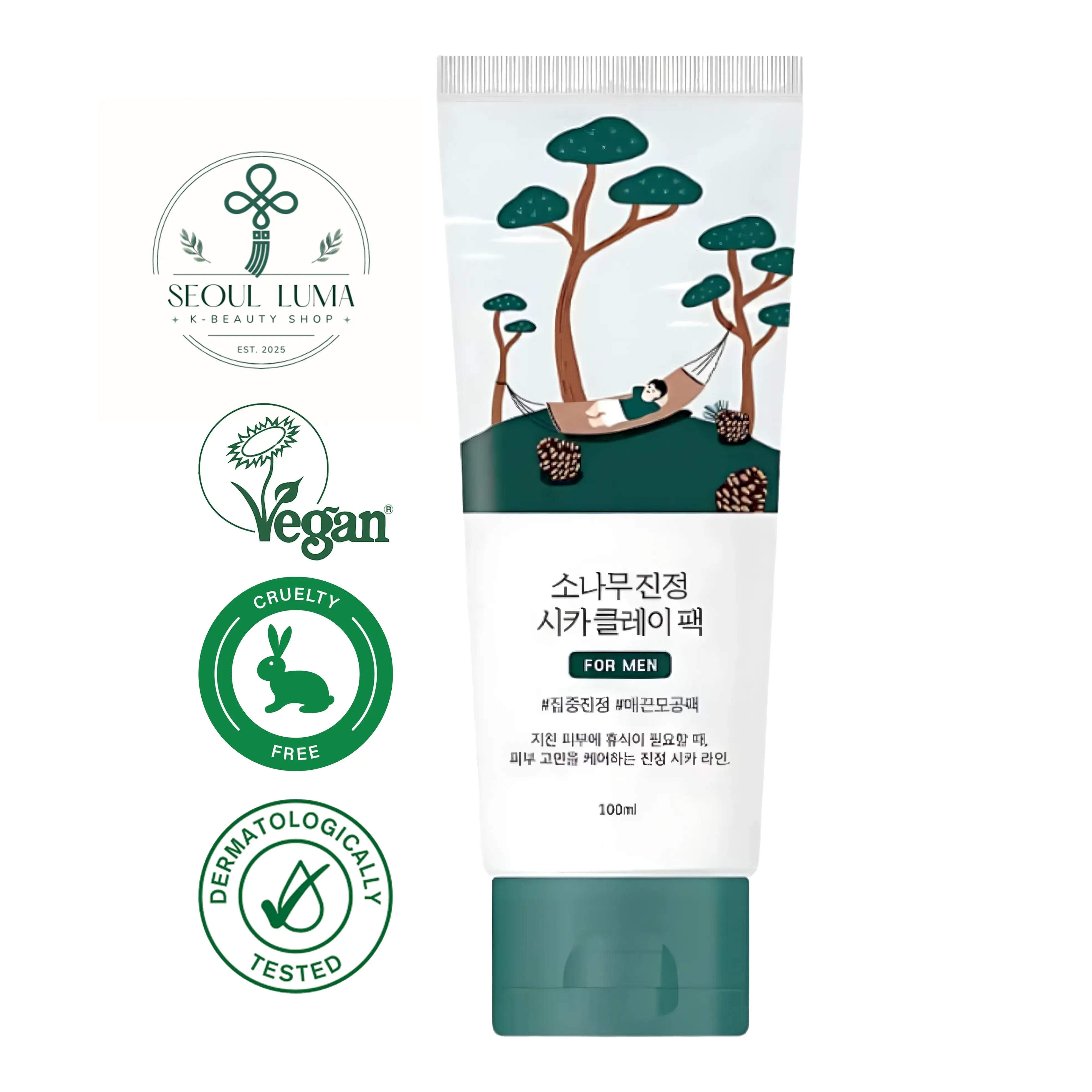 ROUND LAB Pine Calming Cica Clay Pack for Men with 5 types of clay, Pine Cica Activer, and ACZERO Complex for quick pore care and oil control