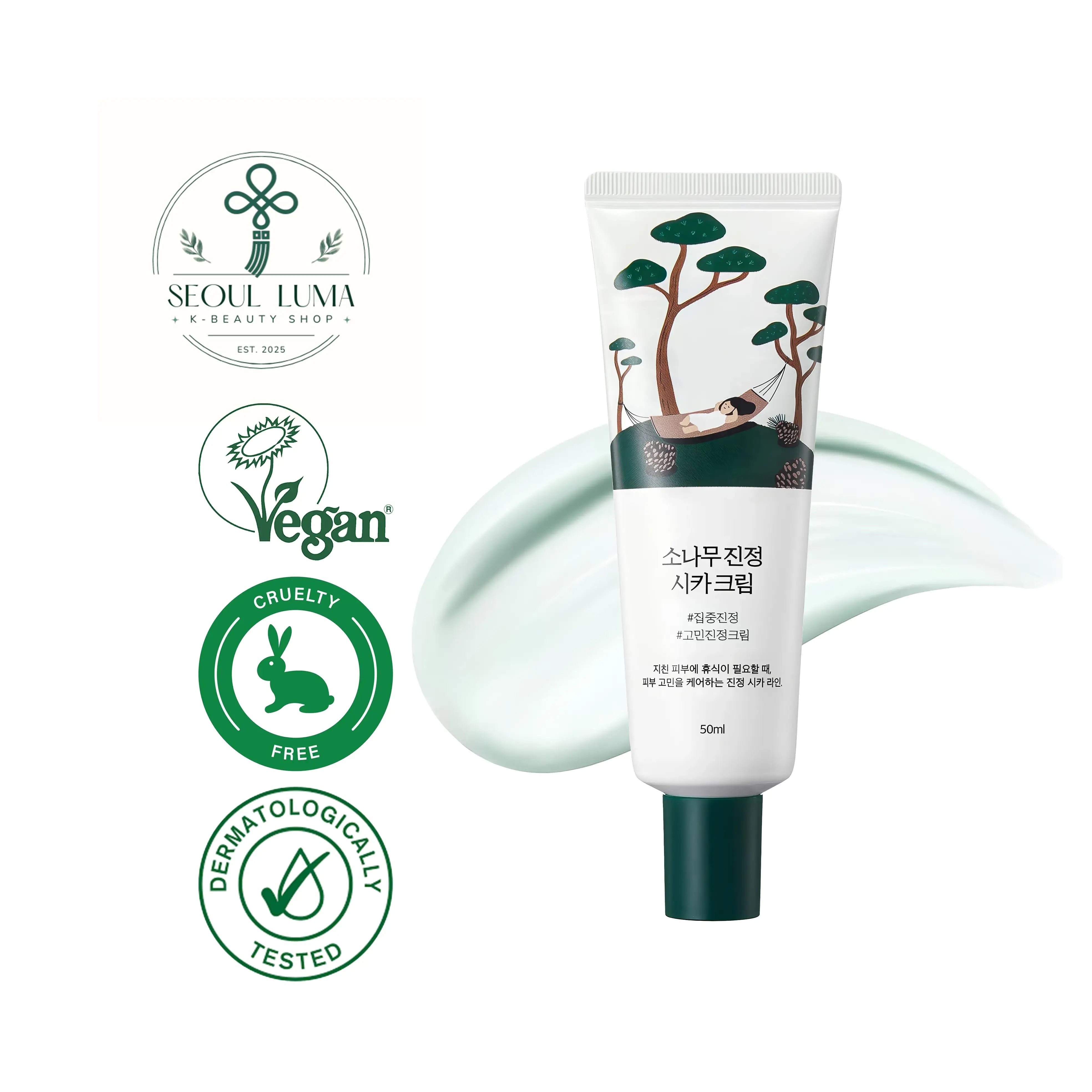 ROUND LAB Pine Calming Cica Cream with 42% Pine Cica Activer, triple hyaluronic acid, and LHA for sensitive skin care
