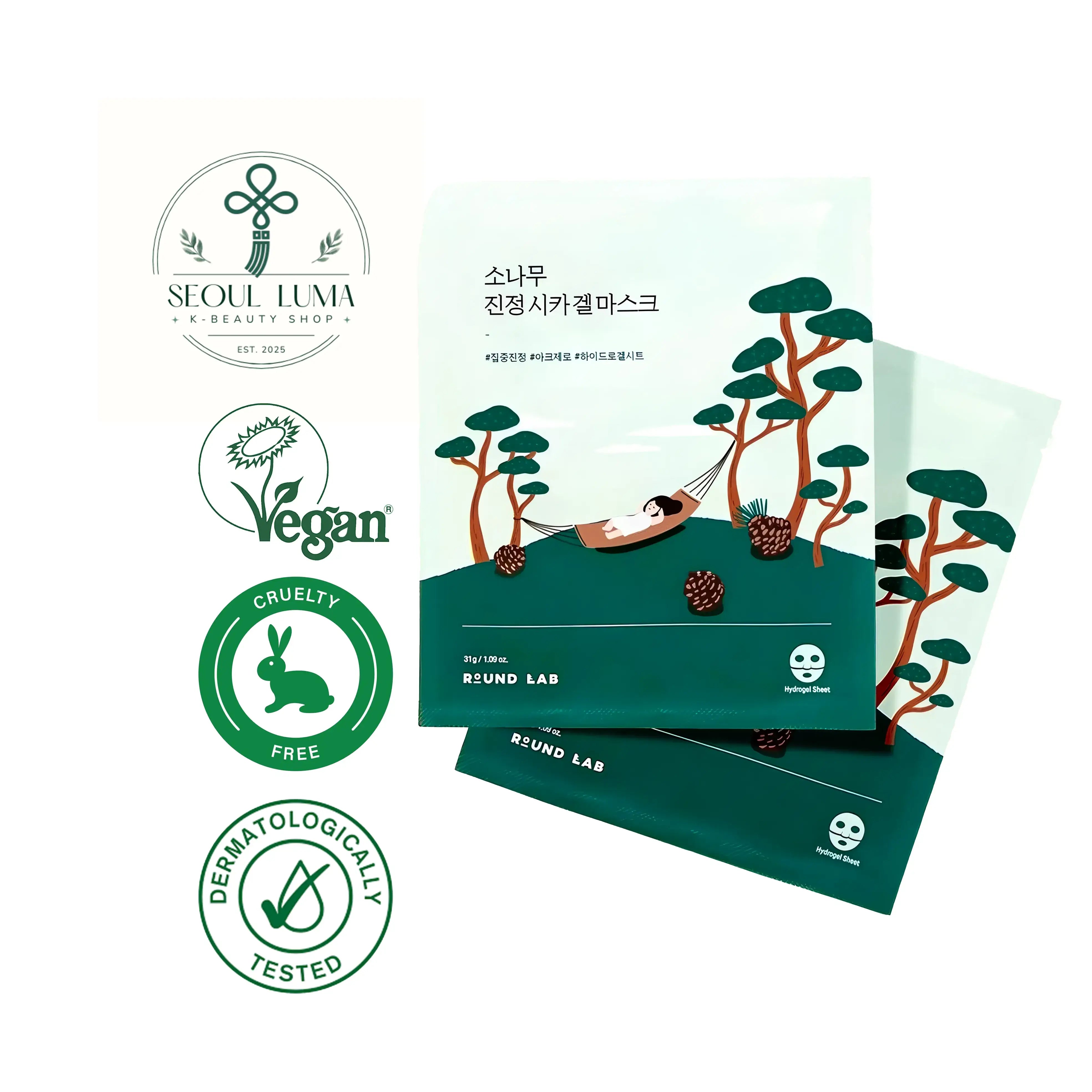 ROUND LAB Pine Calming Cica Gel Mask with transparent gel texture, pine leaf extract, and triple cica complex for sensitive and acne-prone skin