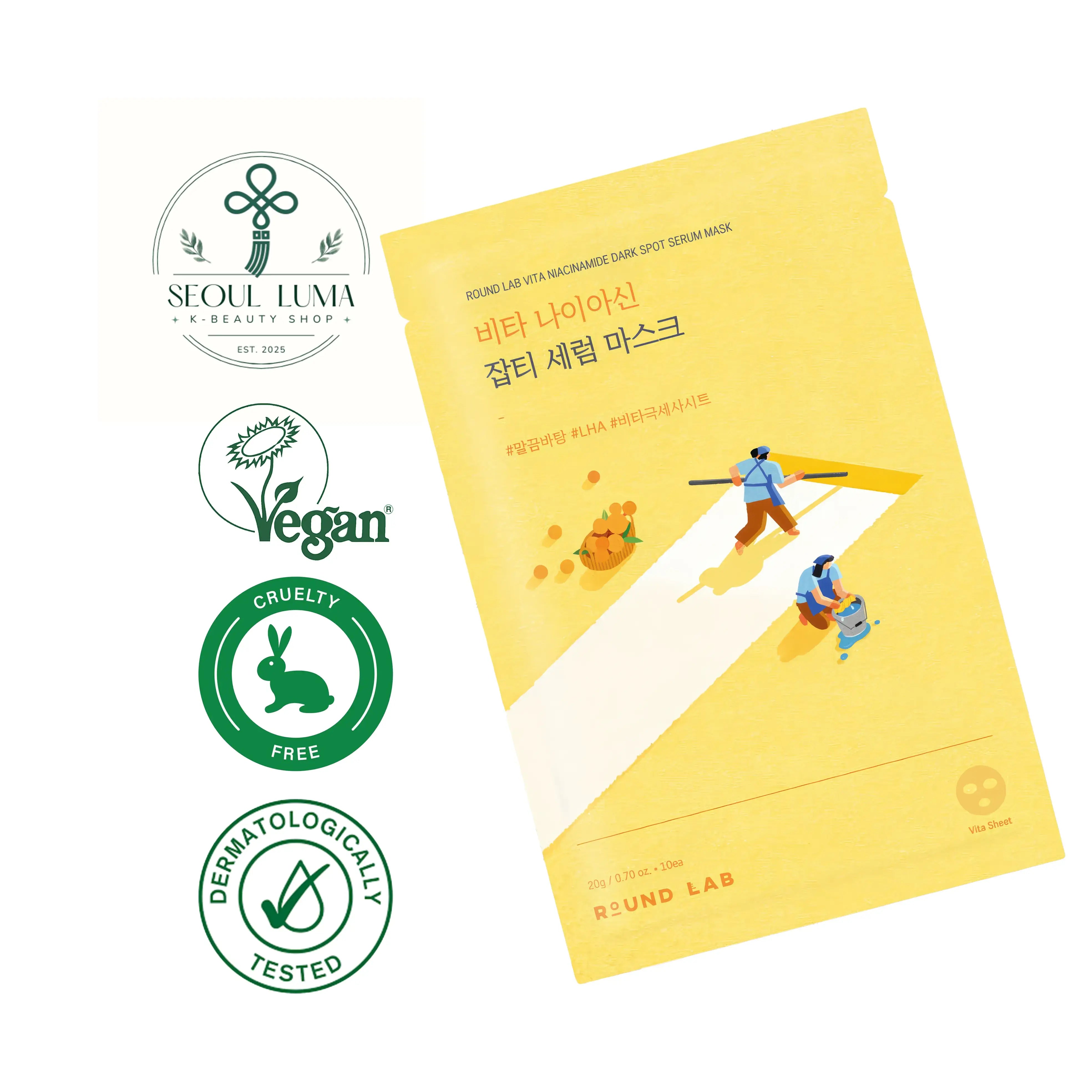 ROUND LAB Vita Niacinamide Dark Spot Serum Mask with Triple Vita Activer and vitamin-coated microfiber sheet for intensive dark spot treatment