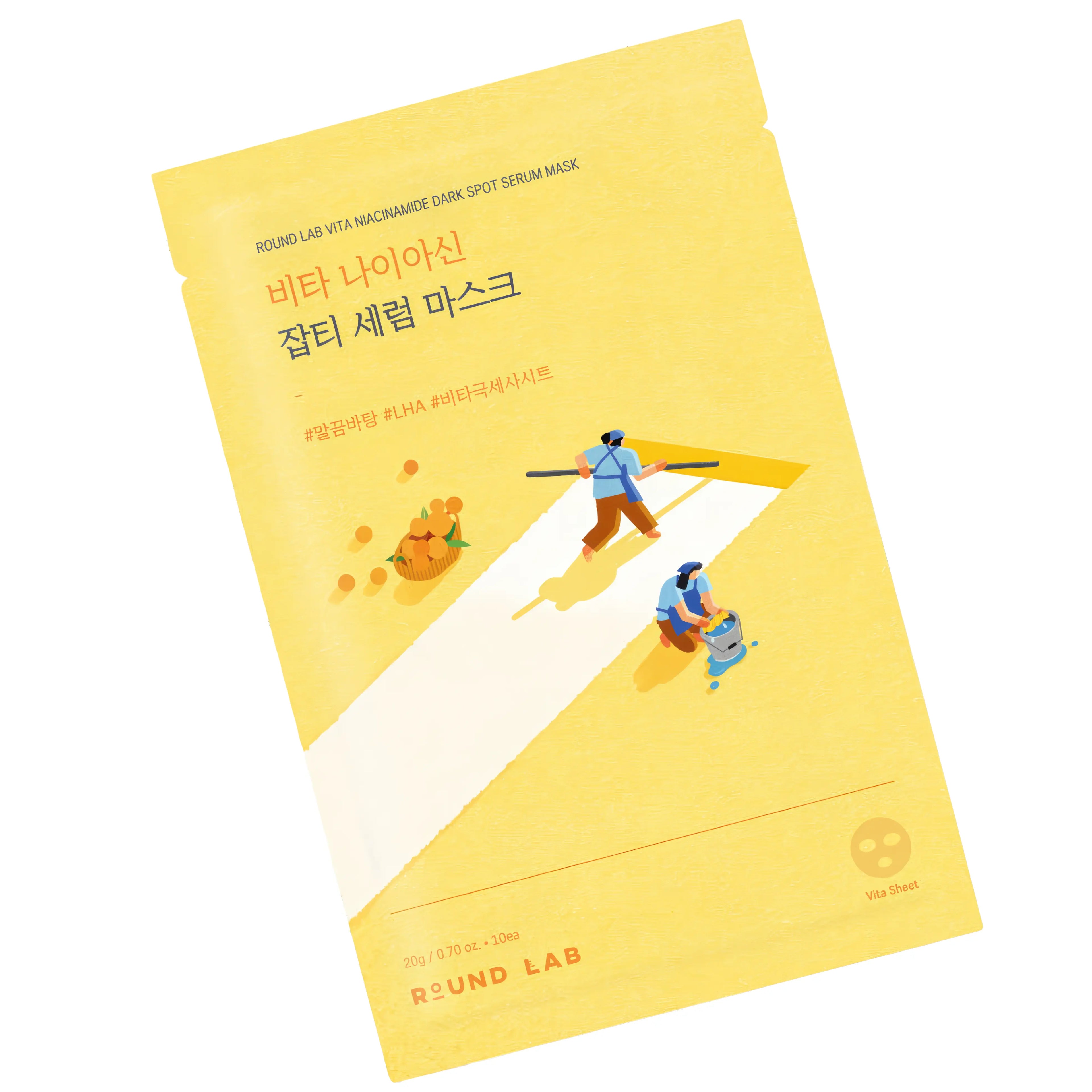 Round Lab Vita Niacinamide Dark Spot Serum Mask (10 sheets), brightening serum mask for dull, hyperpigmented skin with niacinamide 5%, Triple Vita Activer (sea buckthorn water/extract, 3-O-ethyl ascorbic acid), tranexamic acid, glutathione, bisabolol, panthenol, gluconolactone to fade dark spots, even tone, brighten radiance, hydrate deeply, soothe sensitivity, and smooth texture.
