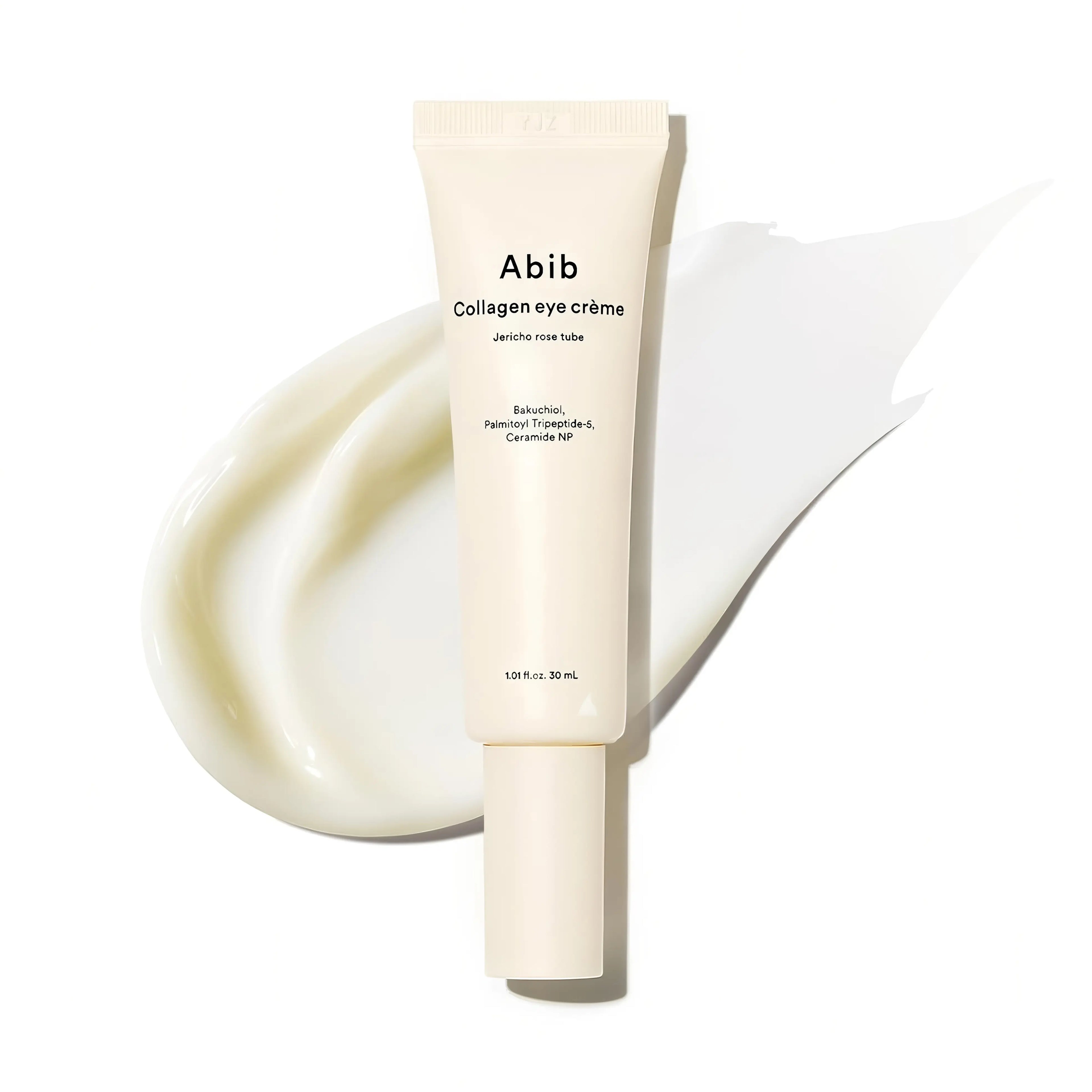 Abib Collagen Eye Cream Jericho Rose Tube 30ml with vegan collagen and bakuchiol for reducing dark circles, smoothing fine lines, minimizing pore appearance, and strengthening skin elasticity - Hydrating Korean eye cream for brightening and firming delicate under-eye area
