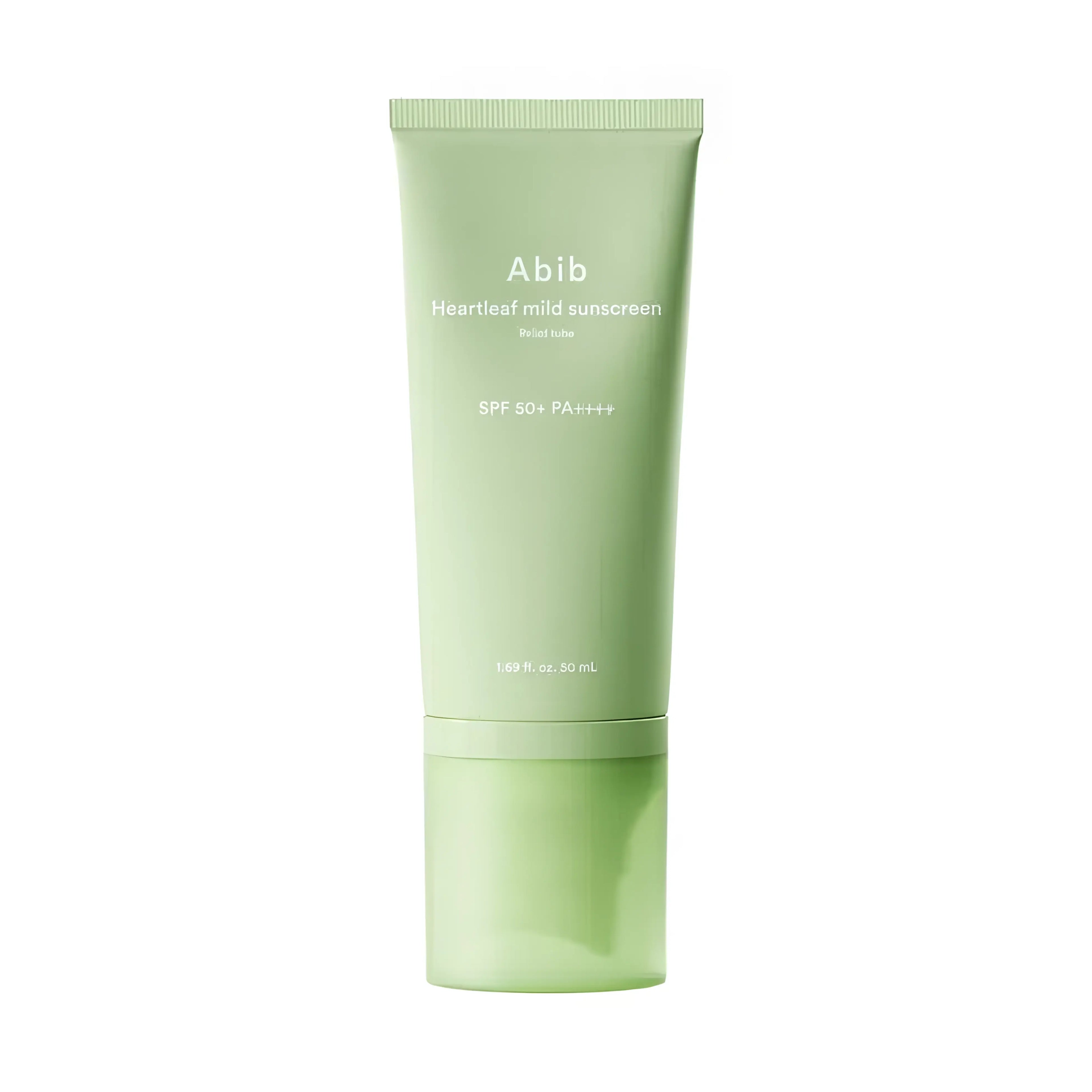 Abib Heartleaf Mild Sunscreen Relief Tube 50ml mineral zinc oxide sun cream SPF50+ PA++++ with heartleaf extract for calming sensitive skin, soothing redness, and providing non-sticky matte protection without white cast - Reef-safe hypoallergenic sunscreen for acne-prone skin
