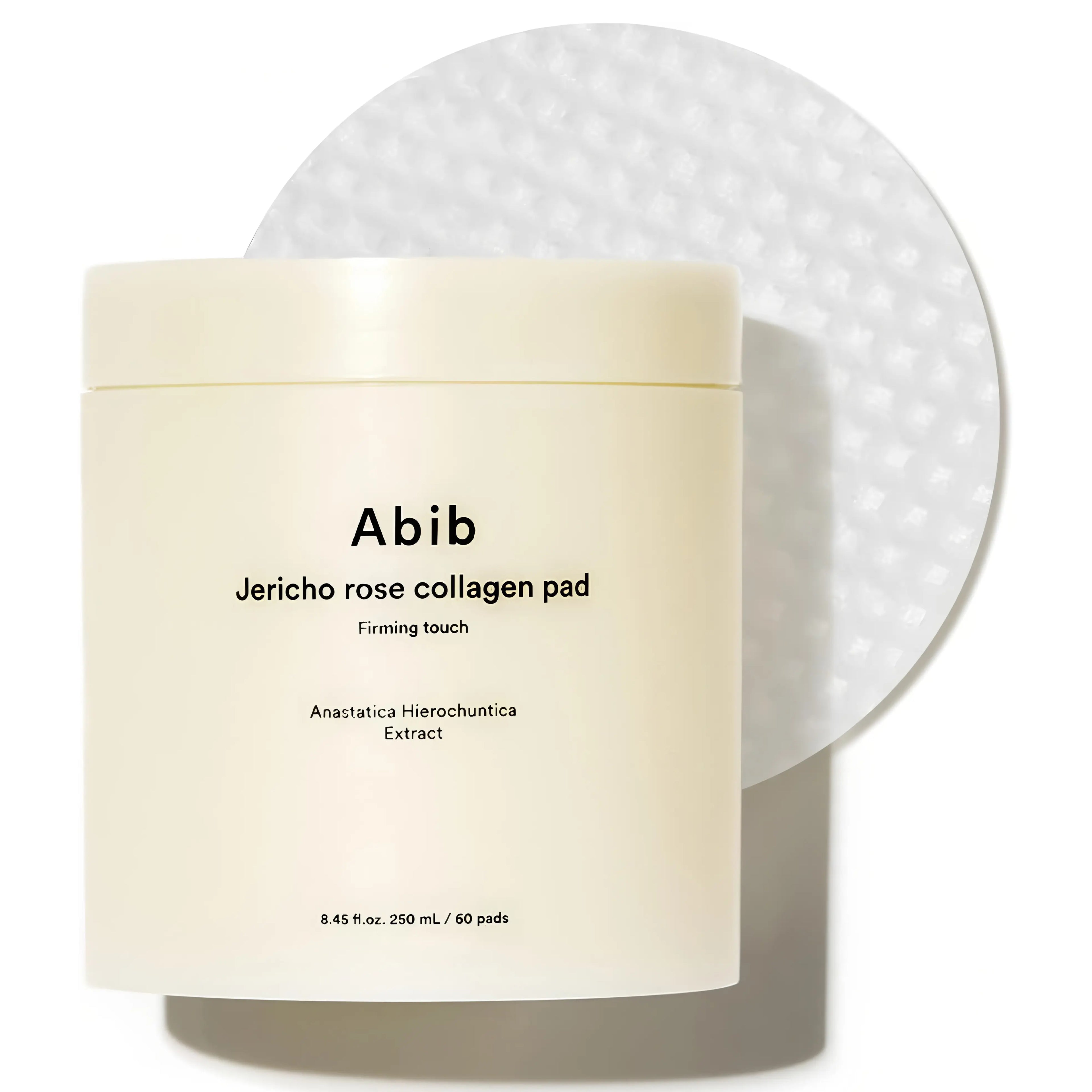 Abib Jericho Rose Collagen Pad Firming Touch 60ea with vegan collagen and jericho rose extract for intensive firming, improving skin elasticity, reducing fine lines, and nourishing dry aging skin - Daily Korean toner pads for firm plump complexion
