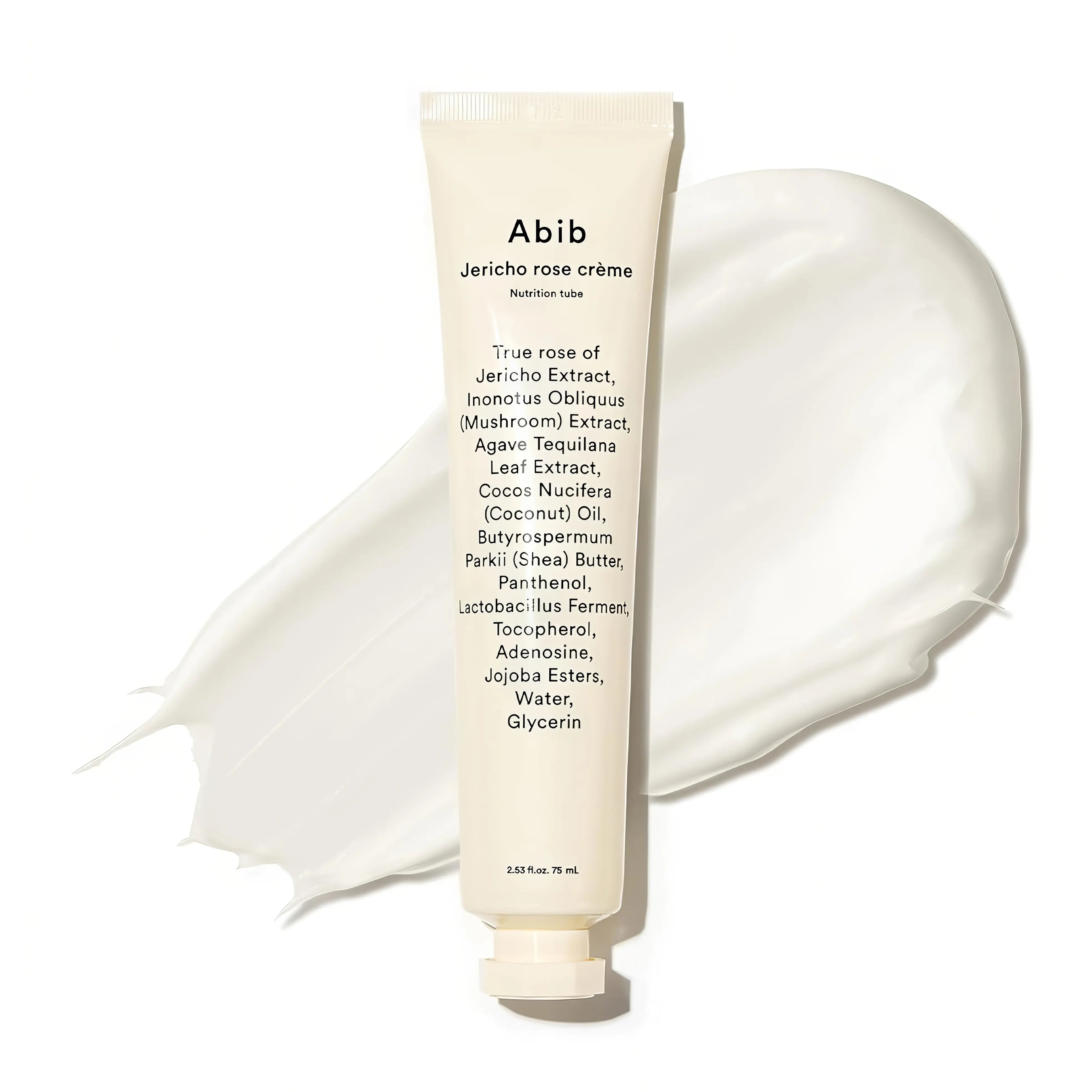 Abib Jericho Rose Cream Nutrition Tube 75ml rich nourishing moisturizer with Jericho rose extract and chaga mushroom for deep hydration, strengthening skin barrier, revitalizing dull dry skin, and providing intense non-sticky nutrition - Korean barrier cream for dry skin
