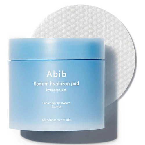 Abib Sedum Hyaluron Pad Hydrating Touch 75ea container with a pad for intense hydration and skin plumping.