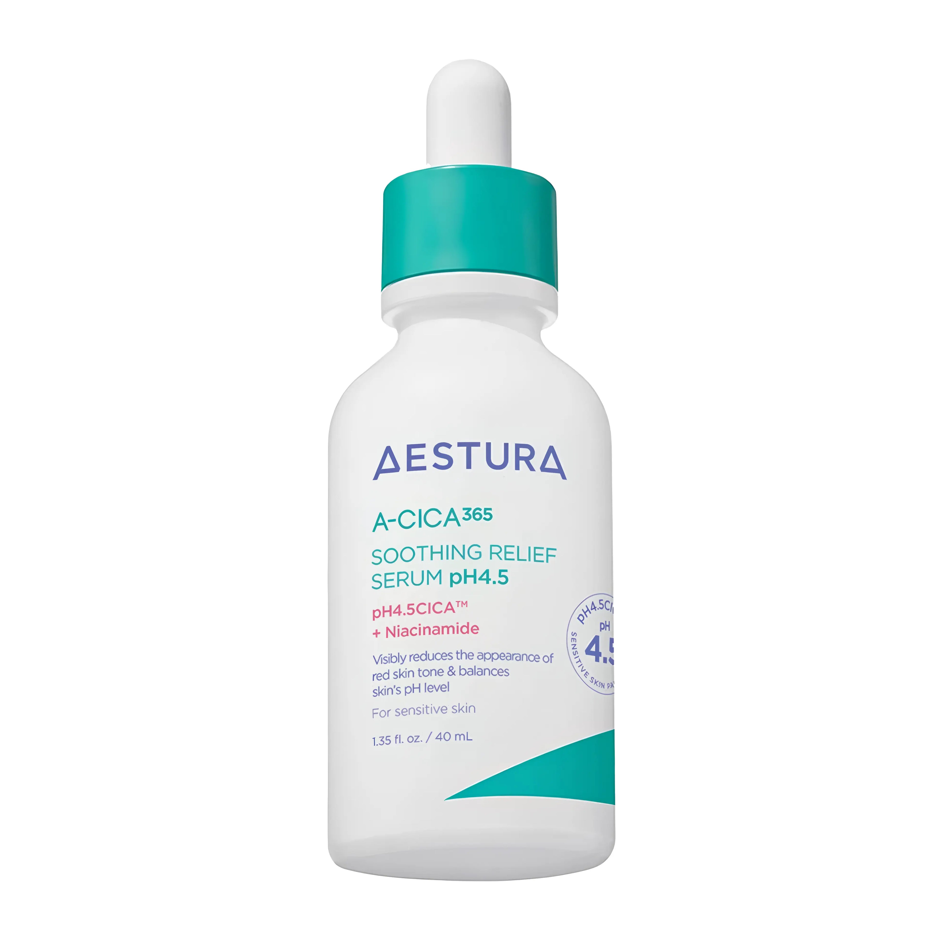 Aestura A-CICA 365 Soothing Relief Serum pH4.5 40ml with high-concentration CICA complex and niacinamide for instantly calming redness, strengthening weakened skin barrier, and restoring healthy pH balance - Hypoallergenic soothing serum for sensitive and irritated skin
