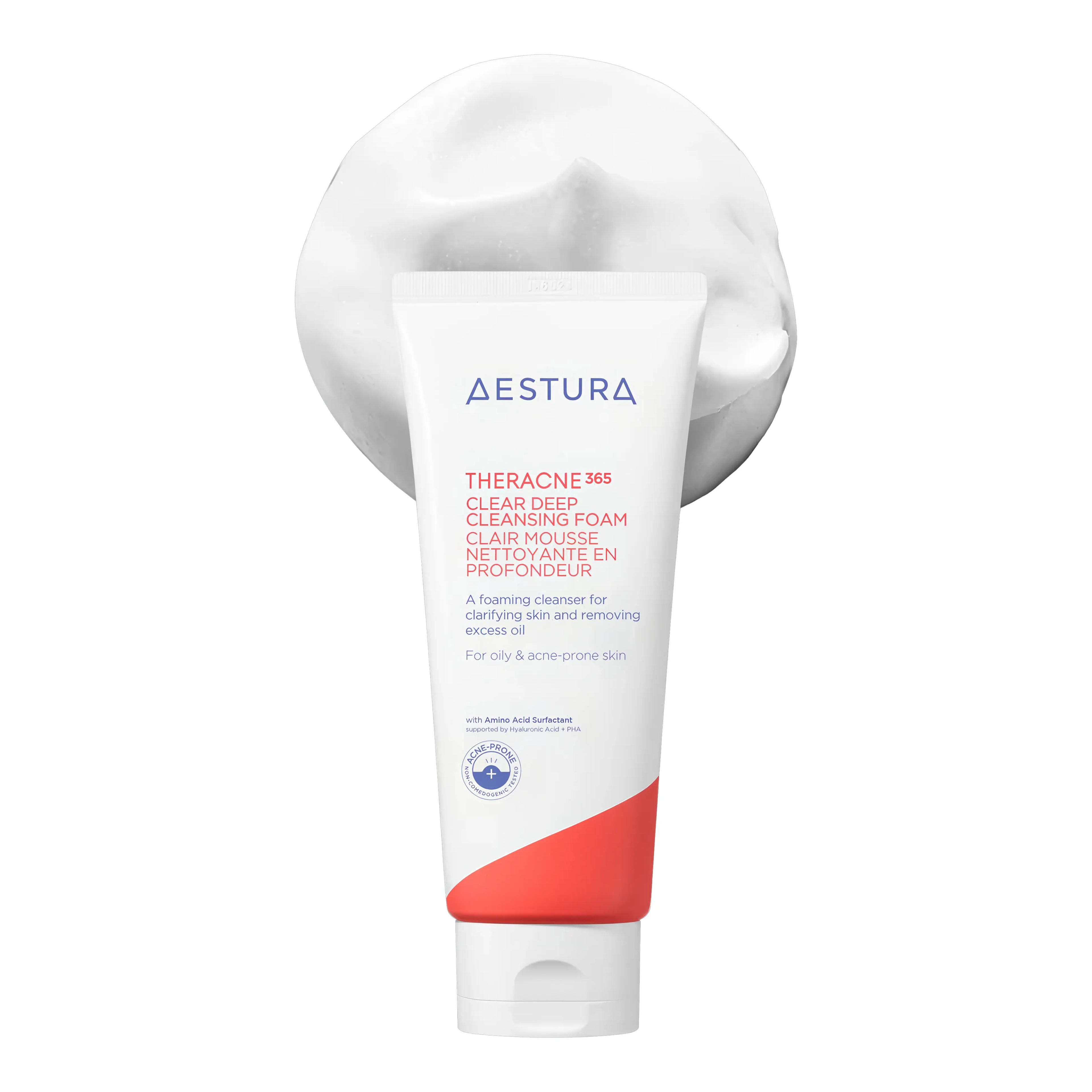 Aestura Theracne 365 Clear Deep Cleansing Foam 200ml with amino acid cleansing complex and PHA (Gluconolactone) for deep pore cleansing, gently removing excess sebum and dead skin cells, and balancing skin pH - Hypoallergenic acne-prone skin cleanser without tightness
