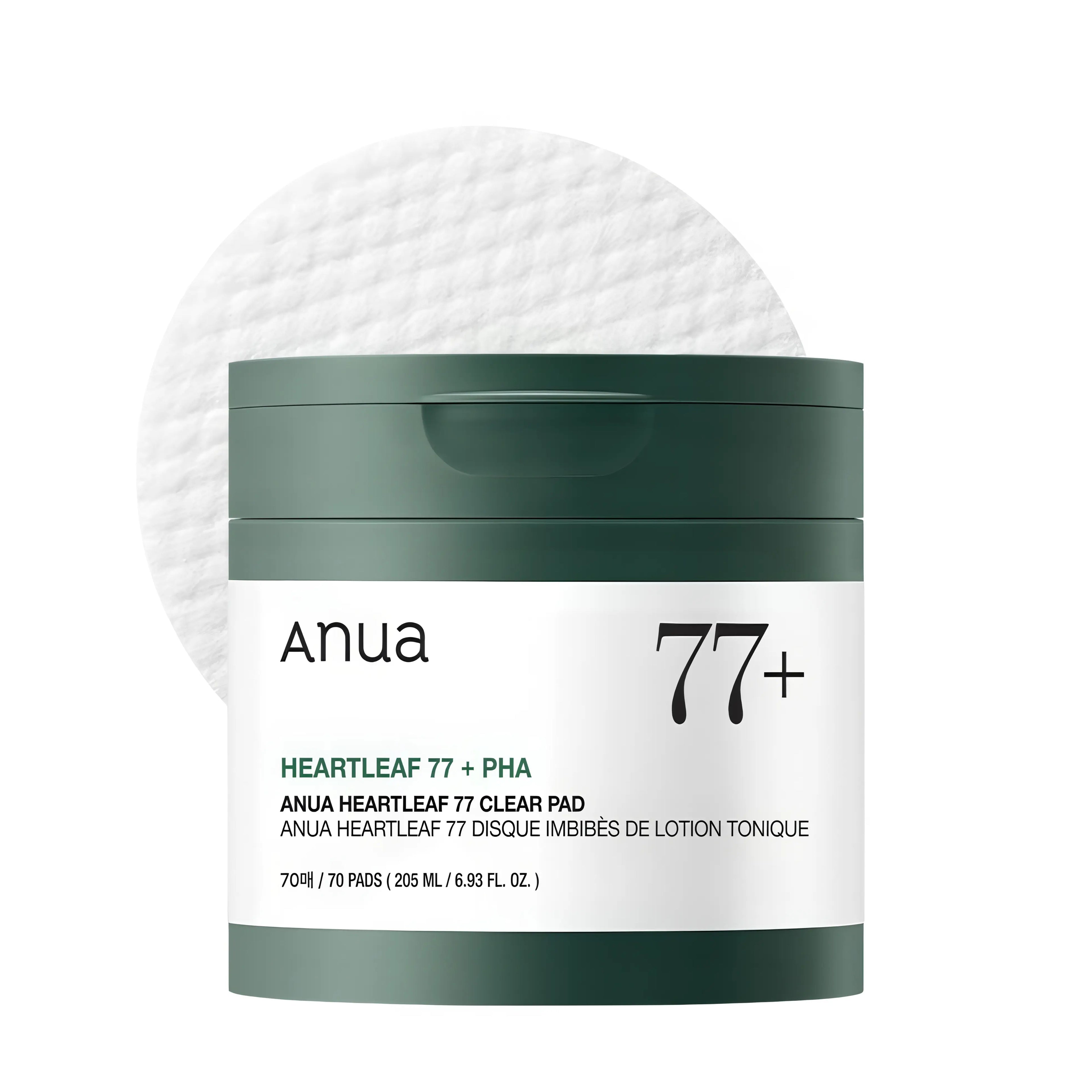 Anua Heartleaf 77 Clear Pad (70 Pads) with 77% Houttuynia Cordata Extract and PHA (Gluconolactone) for gently exfoliating dead skin cells, controlling excess sebum with Anti-Sebum P, and tightening enlarged pores - Soothing toner pads for textured and acne-prone skin

