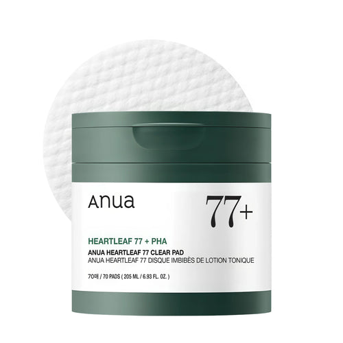 ANUA Heartleaf 77 Clear Pad (70 Pads) container for daily pore clearing and Korean acne-prone skin care.