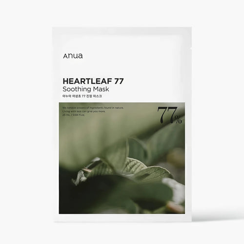ANUA Heartleaf 77 Soothing Mask (10 Sheets) box and sheet mask for instant redness relief and K-beauty calming care.