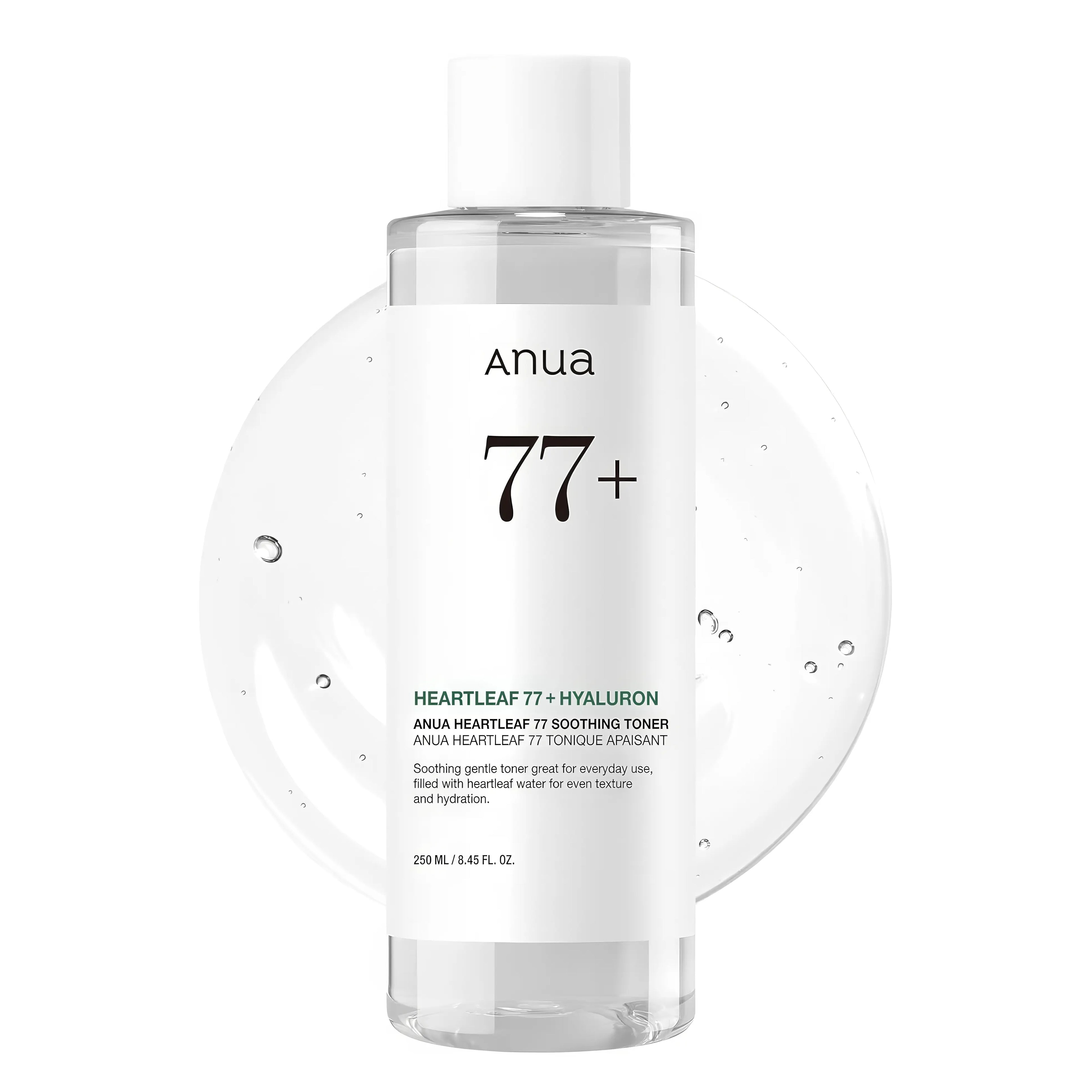 Anua Heartleaf 77 Soothing Toner 250ml , 500ml with 77% Houttuynia Cordata Extract and Panthenol for calming irritation, reducing redness, and balancing oil-moisture levels - Mildly acidic daily toner for soothing sensitive and acne-prone skin while preventing breakouts
