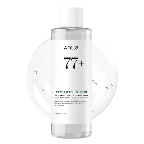 ANUA Heartleaf 77 Soothing Toner bottle for acne care and K-beauty calming redness relief.