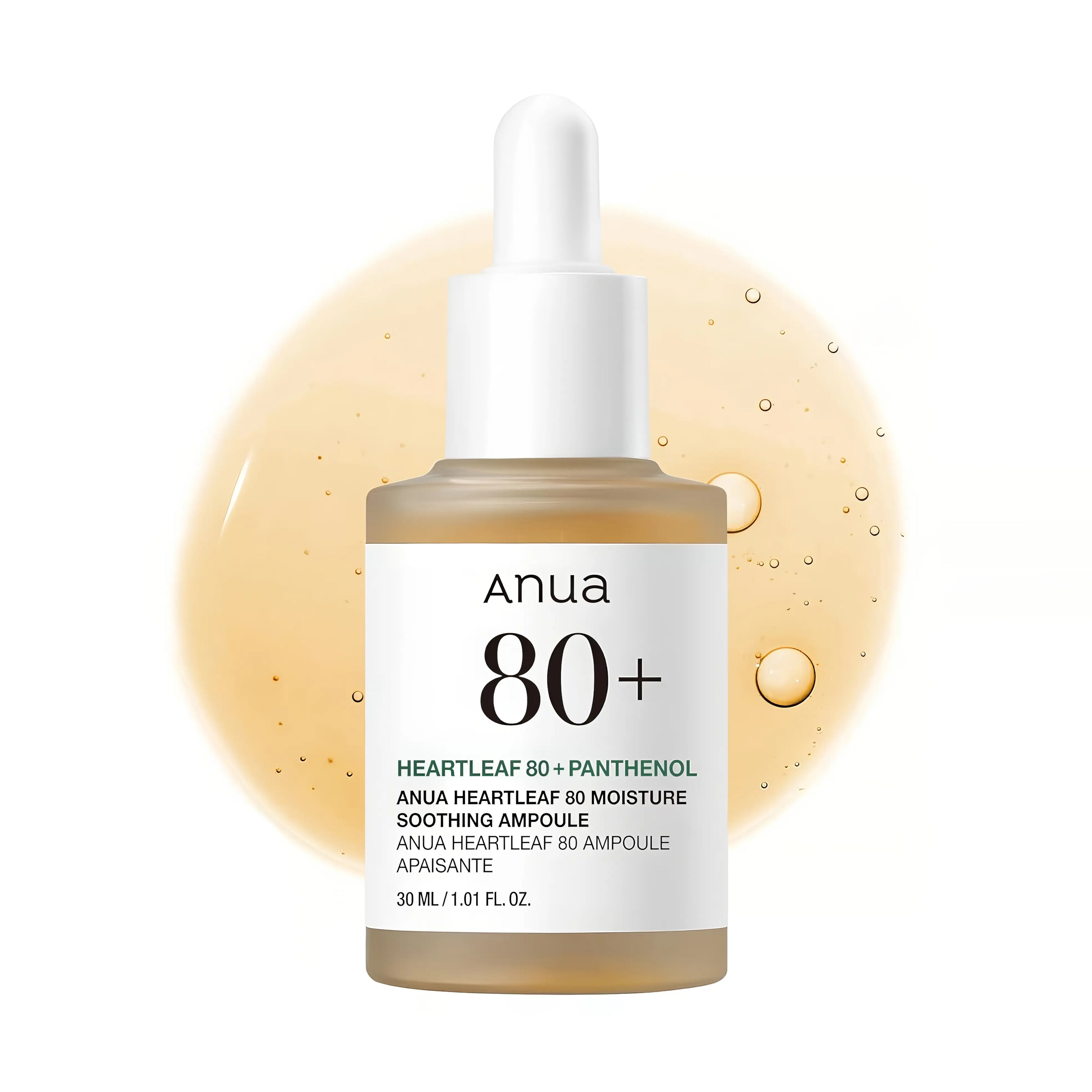 Anua Heartleaf 80% Moisture Soothing Ampoule 30ml with 80% Houttuynia Cordata Extract for instantly calming redness and irritation, delivering deep hydration with Triple Hyaluronic Acid, and strengthening the moisture barrier - Non-sticky soothing serum for sensitive and acne-prone skin
