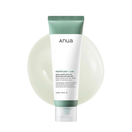 ANUA Heartleaf LHA Moisture Peeling Gel 120ml tube showing the gentle gommage texture for smooth exfoliated Korean skincare.