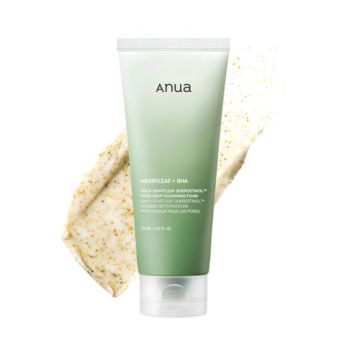 ANUA Heartleaf Quercetinol Pore Deep Cleansing Foam 150ml tube generating rich micro-foam for blackhead removal and Korean acne skin care.