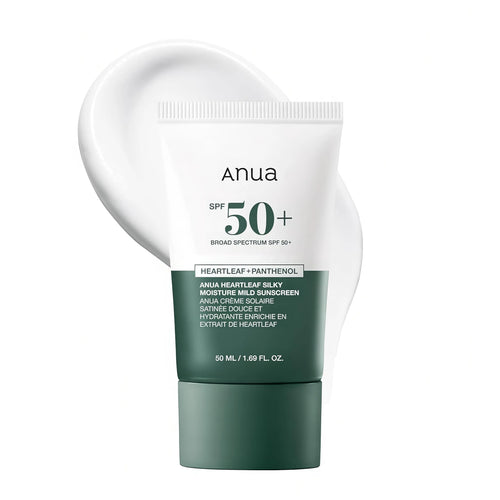 Anua Heartleaf Silky Moisture Sun Cream SPF50+ PA++++ (50ml) tube for lightweight UV protection and K-beauty soothing sun care.