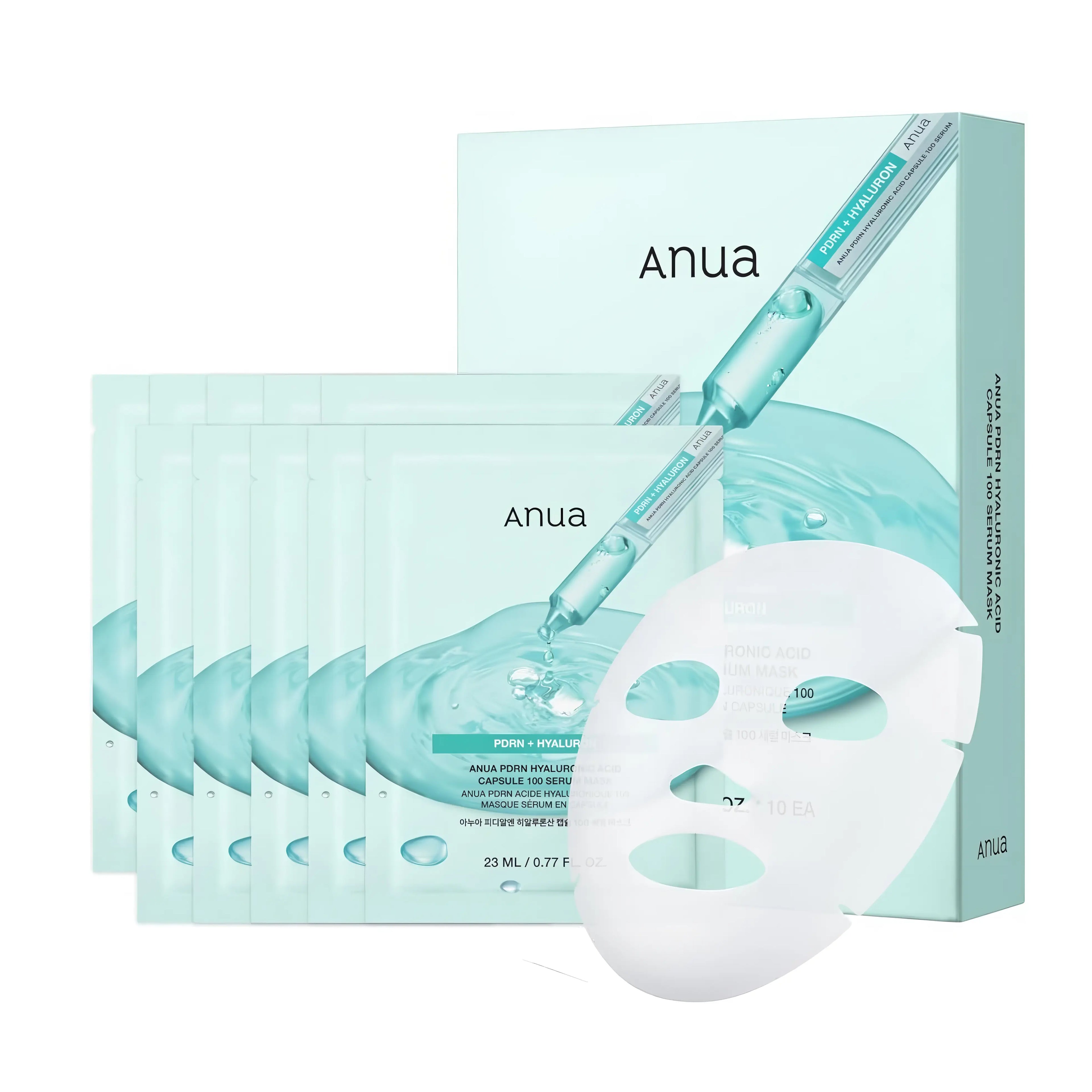 Anua PDRN Hyaluronic Acid Capsule 100 Serum Mask (10 Sheets) with low molecular Salmon PDRN and 11-layer Hyaluronic Acid Complex for instantly plumping fine lines, delivering deep moisture, and restoring skin elasticity - Hydrogel-like sheet mask for radiant glass skin
