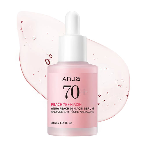 ANUA Peach 70 Niacin Serum 30ml dropper bottle for dark spot correction and K-beauty smooth texture care.