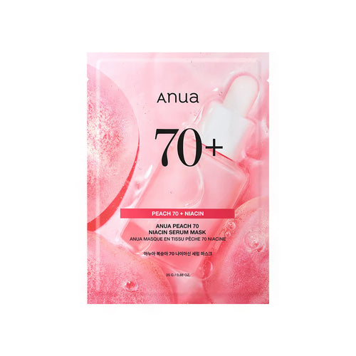 ANUA Peach 70 Niacin Serum Mask Sheet (10 Sheets) box and serum-saturated sheet mask for dark spot clearing and Korean tone-up care.