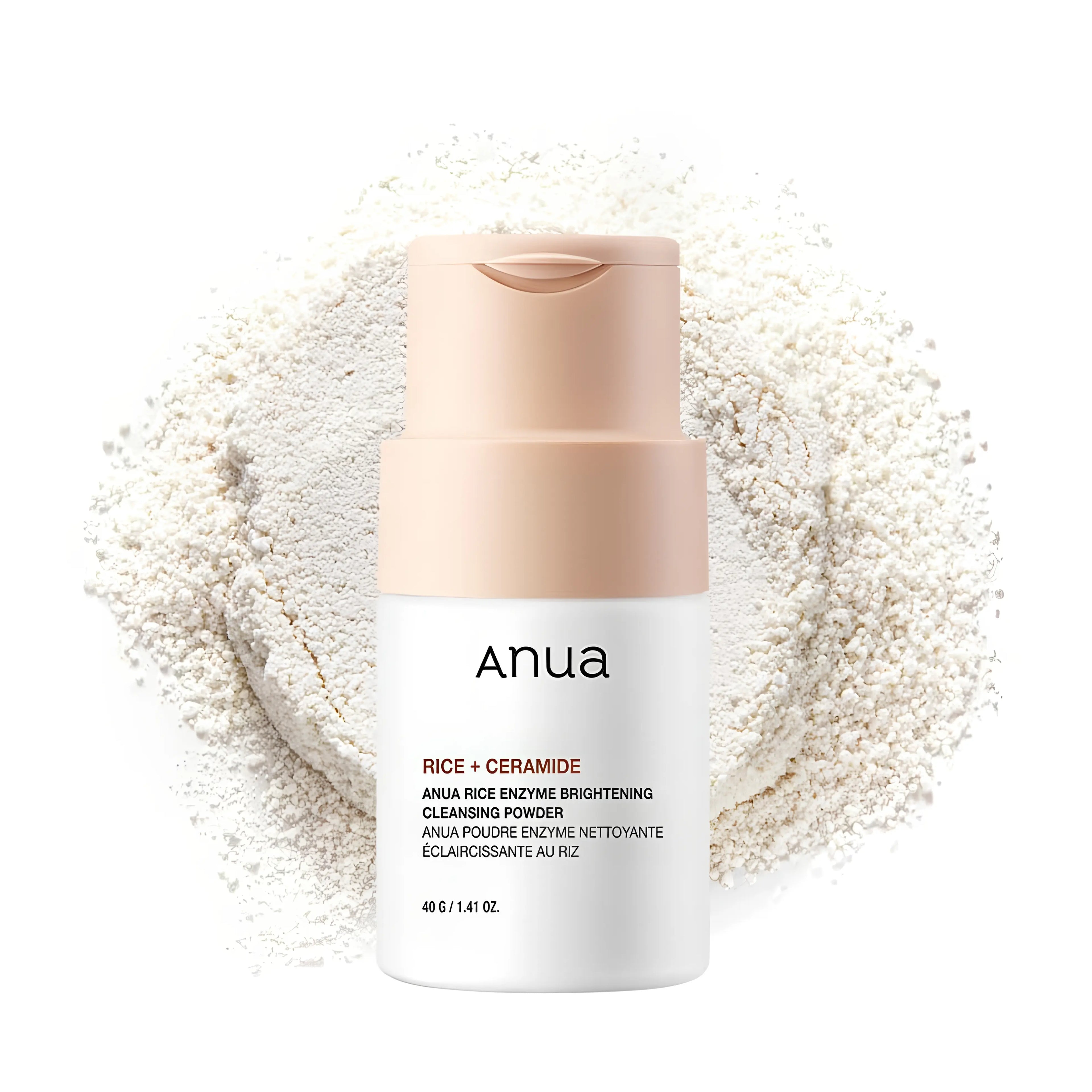 Anua Rice Enzyme Brightening Cleansing Powder 40g with Rice Water+, Papain Enzyme, and Alpha-Arbutin for gently exfoliating dead skin cells, brightening dull complexion, and strengthening moisture barrier - Low-irritation powder cleanser for smooth, radiant skin

