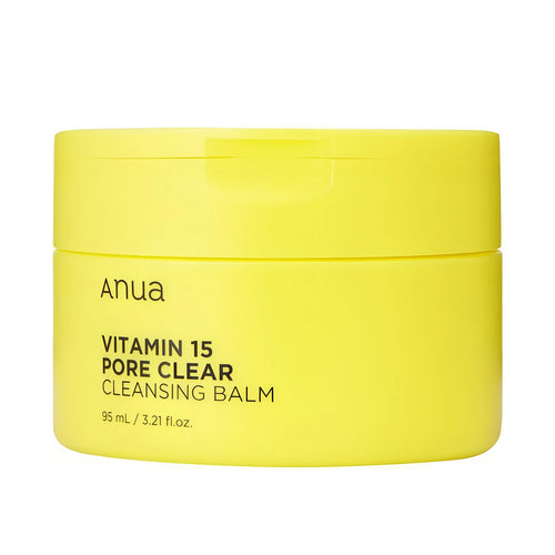 ANUA Vitamin 15 Pore Clear Cleansing Balm 95ml jar with yellow melting balm texture for waterproof makeup removal and Korean pore clearing care.