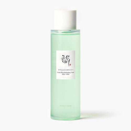 Beauty of Joseon Green Plum Refreshing Toner : AHA + BHA 150ml bottle showing the crisp watery texturizing formula for Korean pore exfoliating care.