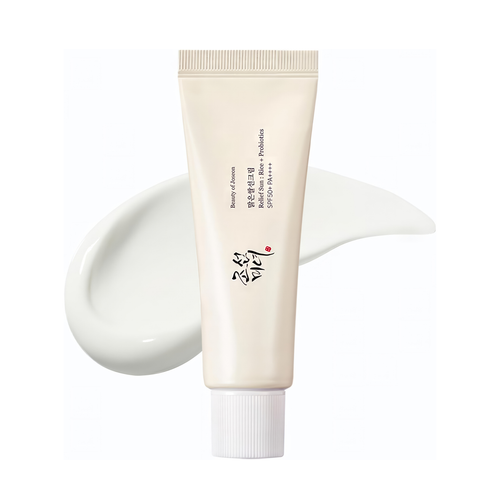 Beauty of Joseon Relief Sun : Rice + Probiotics SPF50+ PA++++ 50ml tube for dewy radiant sun protection and Korean Hanbang skincare.