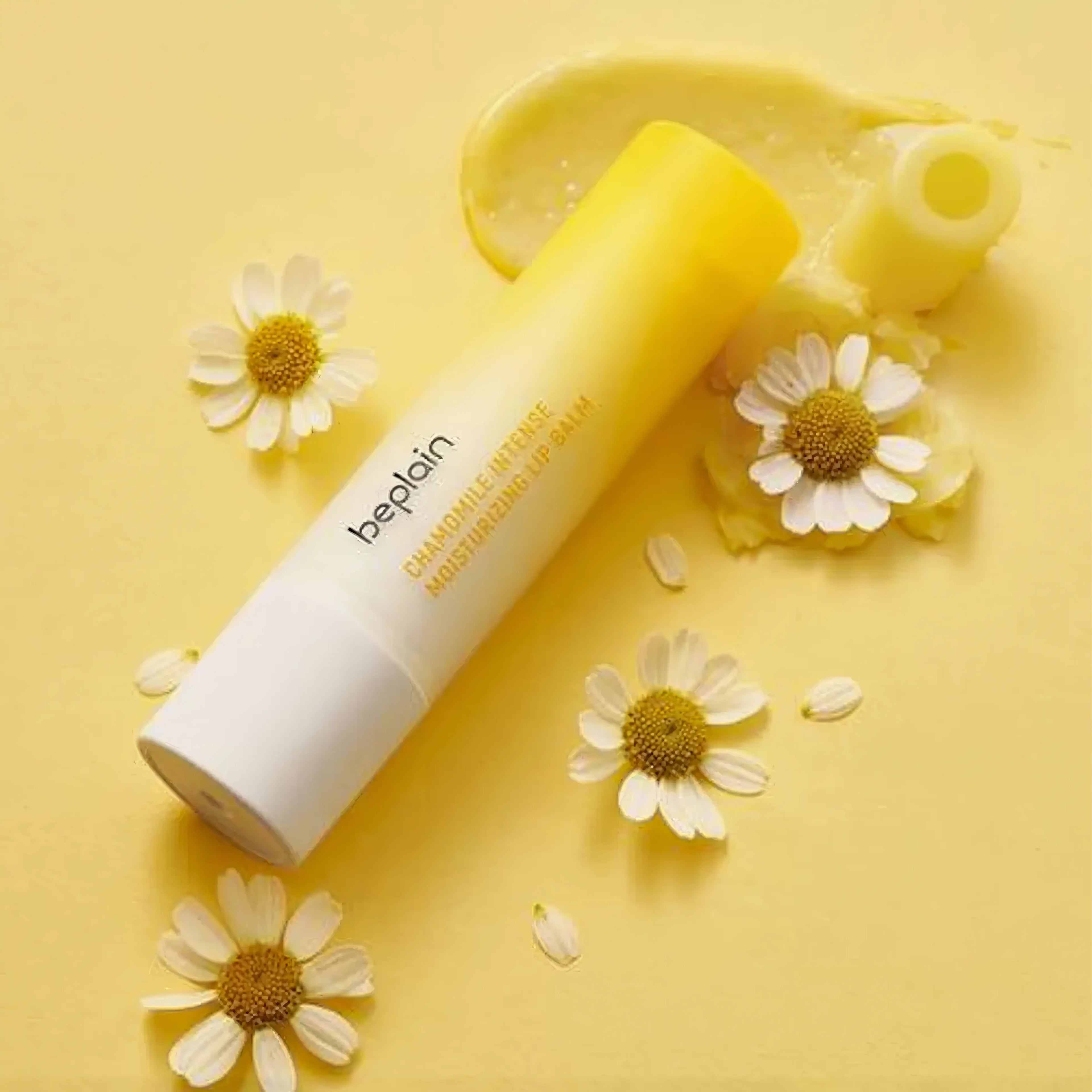 Beplain Chamomile Dual Moisturizing Lip Balm 3.6g with dual-layered design containing Chamomile Flower Extract and plant-derived Ceramides to deeply moisturize, remove dead skin cells, and strengthen the lip barrier - Fragrance-free daily lip care
