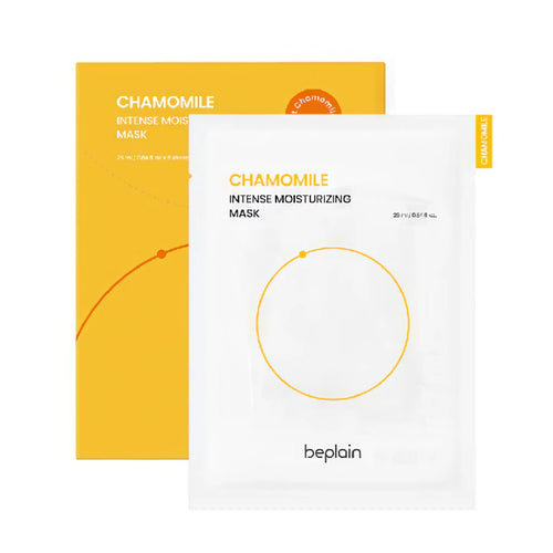 BEPLAIN Chamomile Intense Moisturizing Mask 5 sheets box showing the premium soothing sheet mask texture for Korean deep skin hydration.