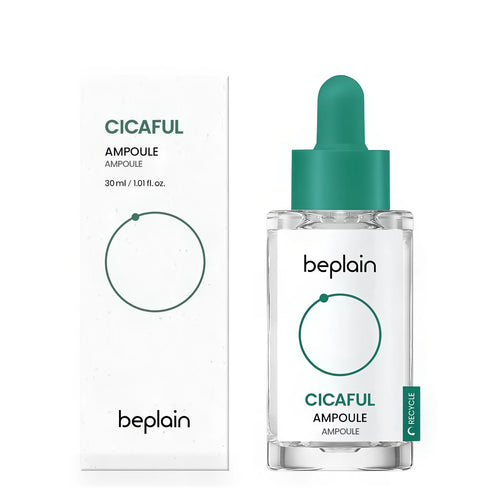 BEPLAIN Cicaful Ampoule 30ml dropper bottle showing the clear weightless liquid gel texture for Korean sensitive skin soothing care.