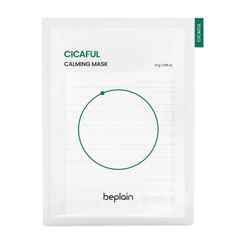 BEPLAIN Cicaful Calming Mask 10 sheets box showing the soothing sheet mask fabric for Korean sensitive skin and redness care.
