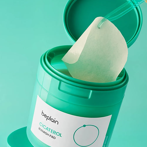 BEPLAIN Cicaful Blemish Pad 80 pads container showing the soothing toner pads for Korean acne-prone and blemish care skin.