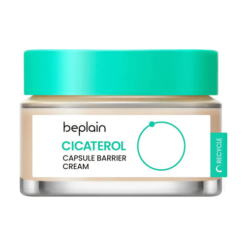 BEPLAIN Cicaterol Capsule Barrier Cream 50ml jar showing the melting capsule cream texture for Korean skin barrier repair and soothing hydration.
