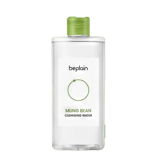 BEPLAIN Greenful Cleansing Water 400ml large clear bottle showing the weightless watery micellar texture for Korean low-irritation makeup removal.