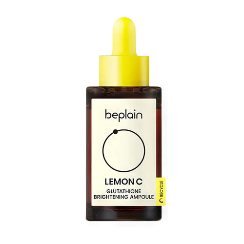 BEPLAIN Lemon C Glutathione Brightening Ampoule 30ml dropper bottle showing the clear radiant fluid formula for Korean dark spot and skin tone unifying care.