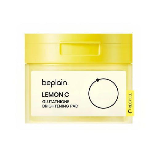 BEPLAIN Lemon C Glutathione Brightening Pad 70 pads container showing the textured toner pads for Korean dark spot fading and skin brightening care.
