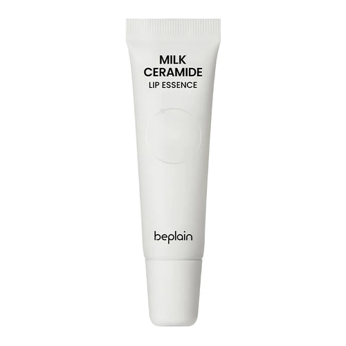 BEPLAIN Milk Ceramide Lip Essence 10g tube showing the glossy milky oil gel texture for chapped lips and Korean lip barrier repair.