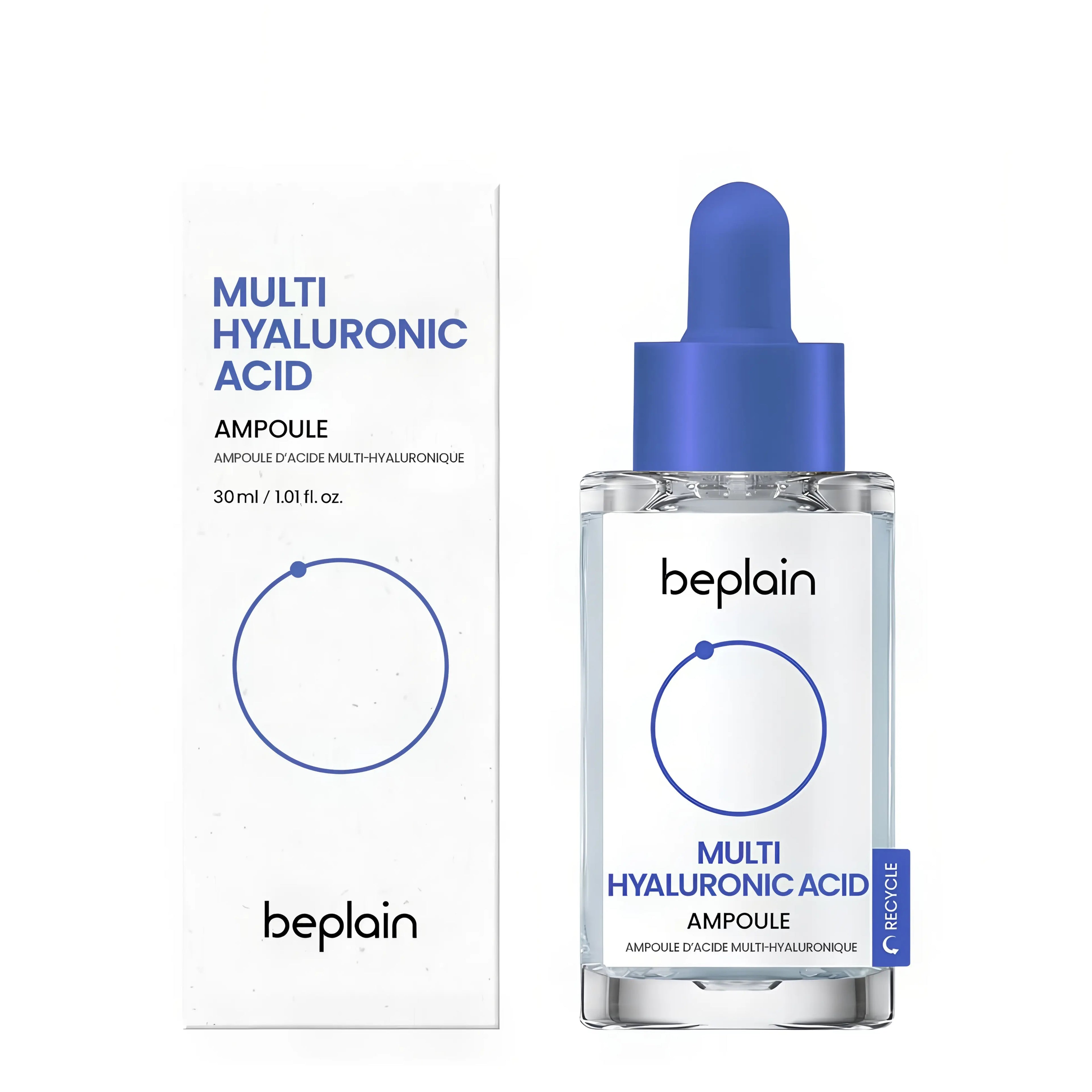 Beplain Multi Hyaluronic Acid Ampoule 30ml with Tremella Fuciformis (Mushroom) derived Vegan Hyaluronic Acid and Blue Agave Extract for intense deep hydration, locking in moisture, and smoothing fine lines - Vegan hydrating ampoule for dry skin
