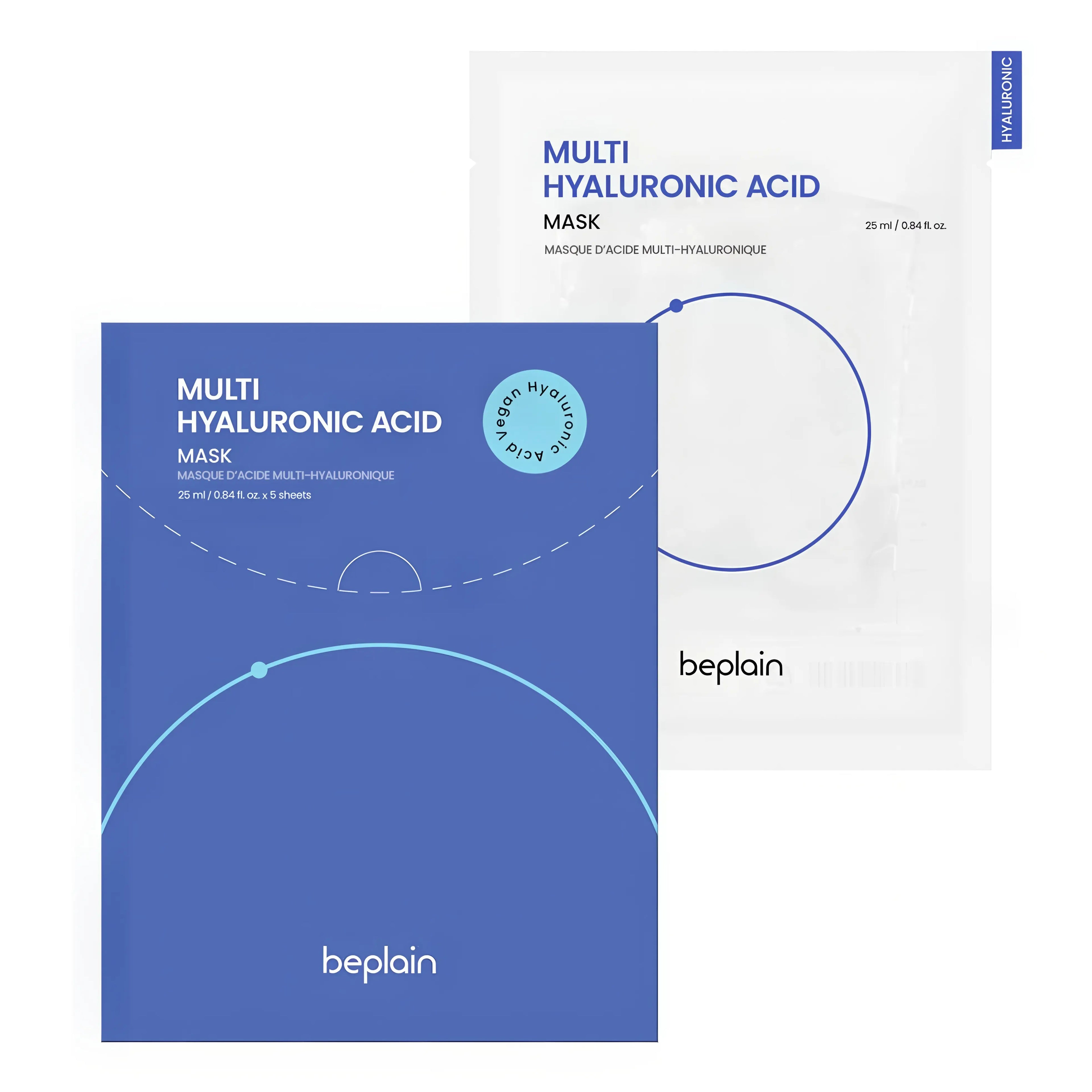 Beplain Multi Hyaluronic Acid Mask (5 Sheets) with naturally derived Hyaluronic Acid and Tremella Fuciformis Polysaccharide for delivering intensive hydration, strengthening the skin barrier with Agave Extract, and plumping dry skin - Vegan moisturizing sheet mask
