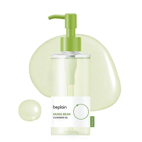 BEPLAIN Mung Bean Cleansing Oil 200ml clear pump bottle showing the lightweight watery green oil texture for Korean blackhead emulsification care.