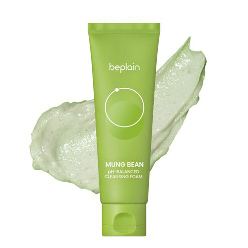 BEPLAIN Mung Bean pH-Balanced Cleansing Foam 80ml tube showing the creamy sub-acidic lather for Korean gentle facial cleansing.