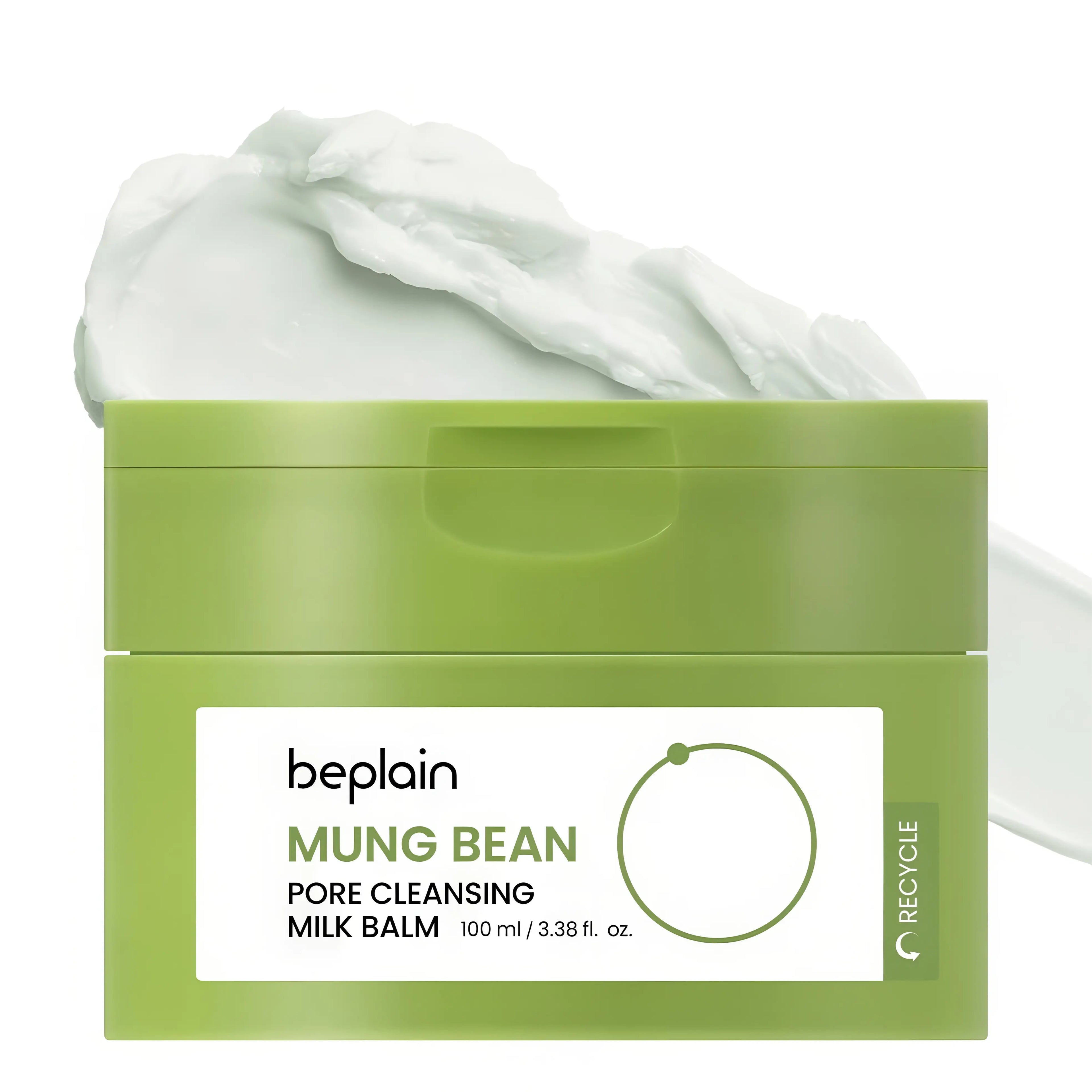 Beplain Mung Bean Pore Cleansing Milk Balm 100ml with Mung Bean Extract and PHA/LHA for gentle exfoliation, melting blackheads, and deeply removing waterproof makeup - Balm-to-milk texture suitable for sensitive and acne-prone skin
