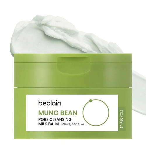 BEPLAIN Mung Bean Pore Cleansing Milk Balm 100ml jar showing the soft texture transforming from a solid balm to a milky fluid for Korean gentle pore cleansing.
