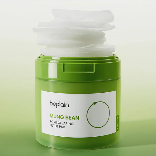 BEPLAIN Mung Bean Pore Clearing Filter Pad 70 Pads container showing the textured exfoliating toner pads for Korean pore clearing and blackhead care.