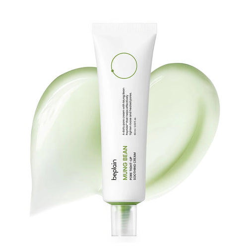 BEPLAIN Mung Bean Pore Tight-up Soothing Cream 60ml jar showing the lightweight cooling gel cream texture for Korean pore tightening skincare.