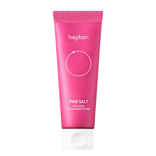 BEPLAIN Pink Salt AHA BHA Cleansing Foam 120ml tube showing the rich creamy exfoliating lather for Korean pore and texture refining care.