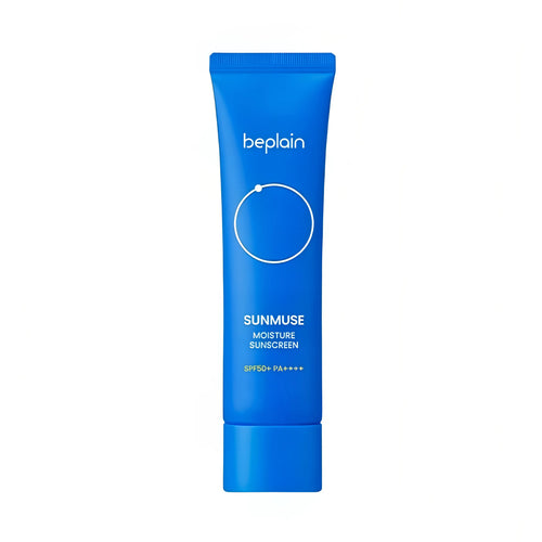 Beplain Sunmuse Moisture Sunscreen 50ml tube showing the weightless hydrating chemical sun fluid texture for daily Korean UV protection.