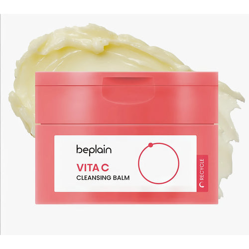 BEPLAIN Vita C Brightening Cleansing Balm 100ml jar showing the yellow sherbet texture melting for Korean deep makeup cleansing and vitamin skin care.