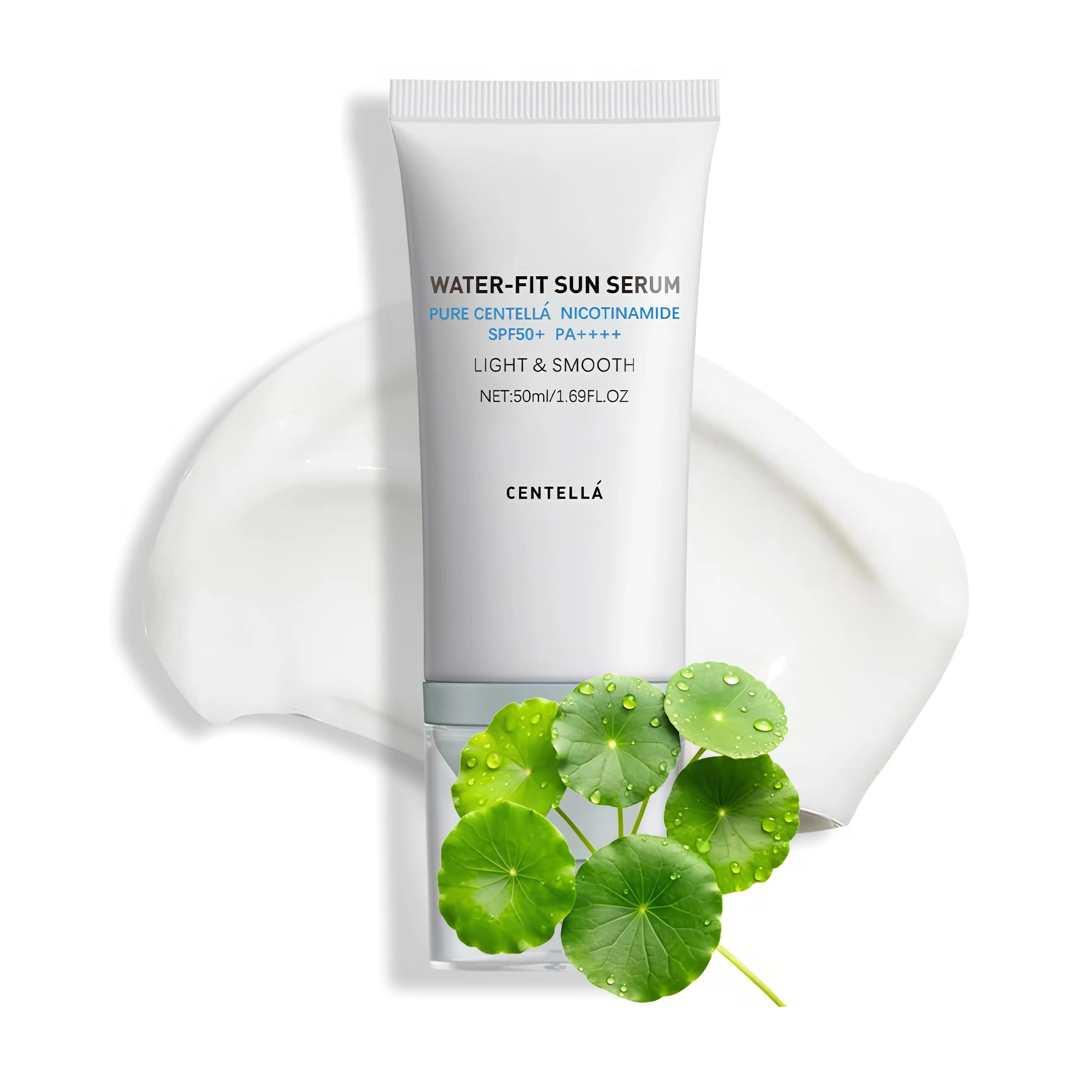 SKIN1004 Madagascar Centella Hyalu-Cica Water-Fit Sun Serum SPF50+ PA++++ (50ml), lightweight chemical sunscreen for sensitive skin with centella asiatica, hyaluronic acid, niacinamide to hydrate, soothe irritation, protect UV without white cast.
